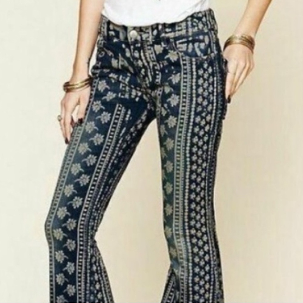 Free People Bali Blue and Cream Patterned Jeans